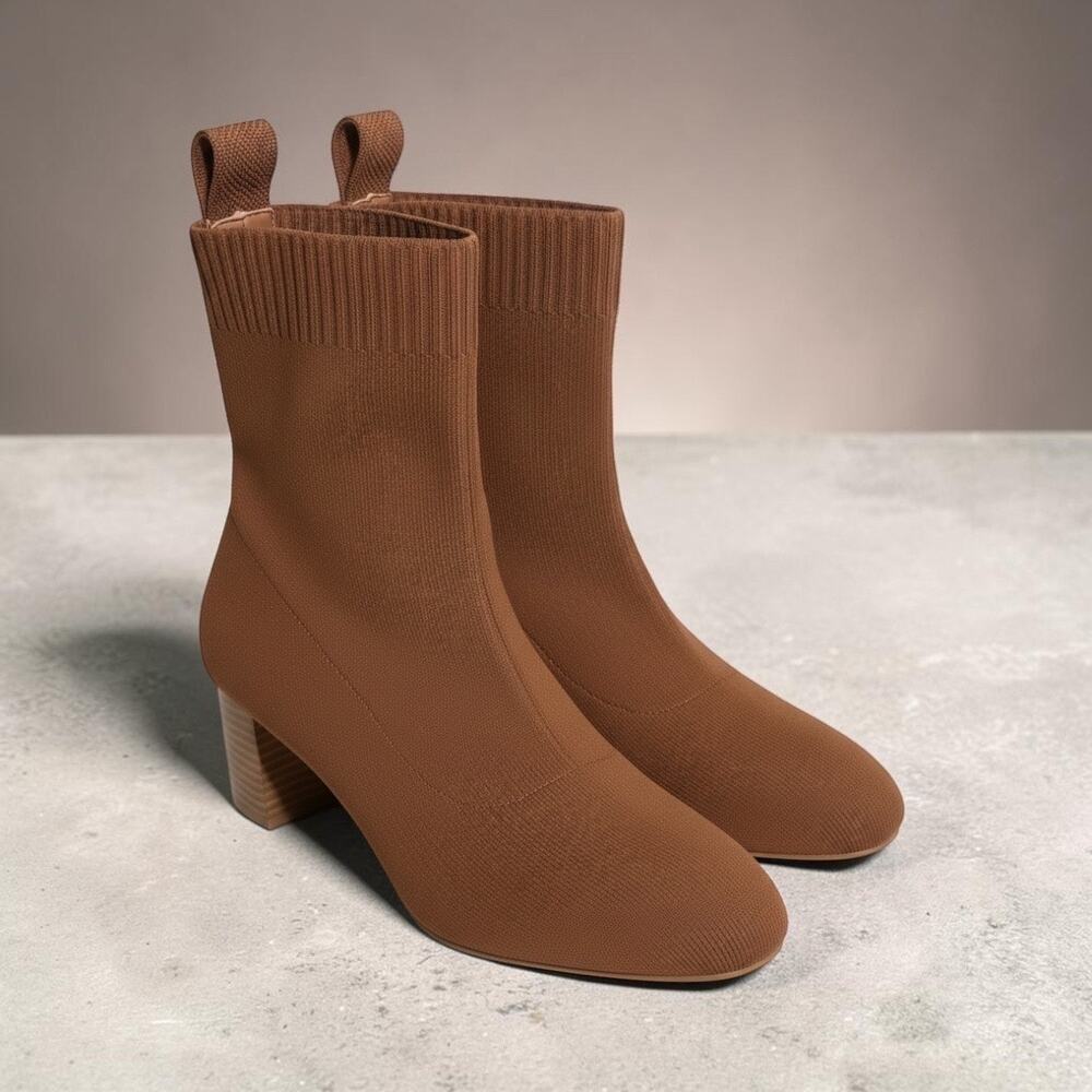 Quince Eco Knit Heeled Knit Ankle Boots Brown Size 8 NWOB